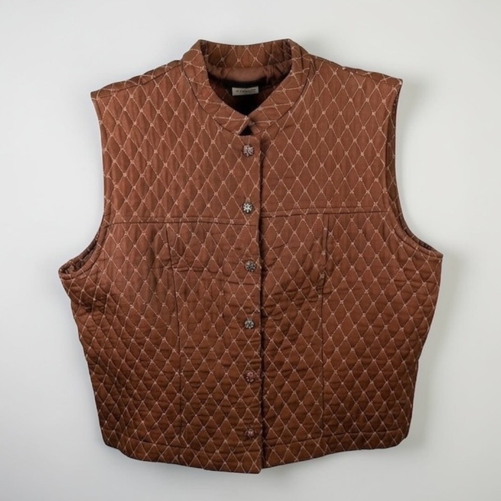 Vintage F.L. Malik Brown Quilted Diamond‎ Pattern Vest Jeweled Buttons Size L